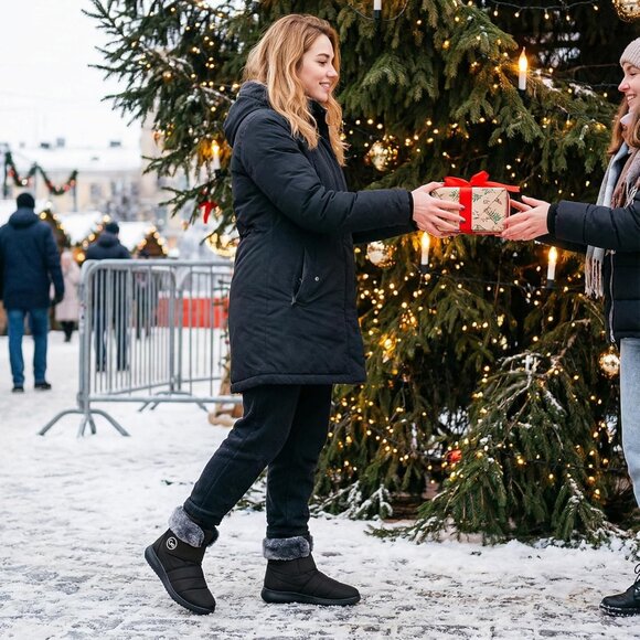 Women’s Black Winter Snow Boots Warm Waterproof Fur Lined Slip-Ons - Picture 2 of 6